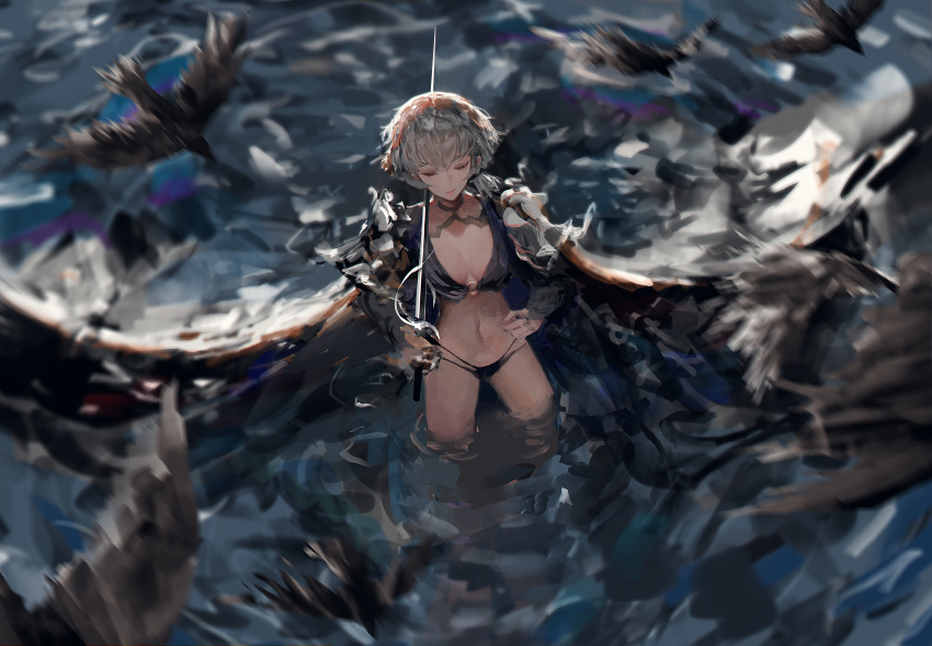 1girl armor bird blurry blurry_foreground cape closed_eyes closed_mouth crow depth_of_field gauntlets grey_hair hands_on_hips highres holding holding_sword holding_weapon original pauldrons rapier rsef shoulder_armor single_gauntlet solo standing sword weapon