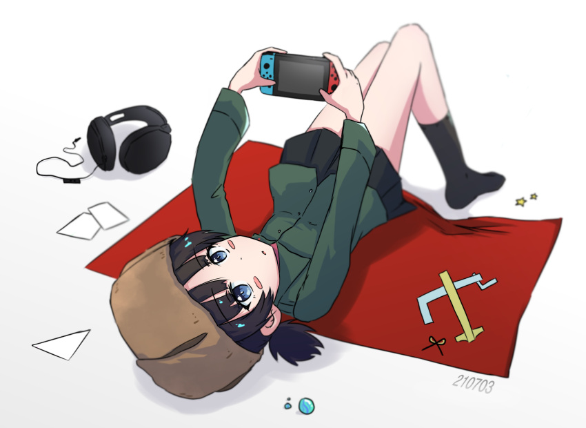 1girl bangs black_hair black_legwear black_skirt blue_eyes blush_stickers brown_headwear commentary_request dated eyebrows_visible_through_hair flag fur_hat girls_und_panzer green_jacket handheld_game_console hat headphones holding holding_handheld_game_console jacket korean_commentary long_sleeves looking_at_viewer looking_back low_twintails lying miniskirt nina_(girls_und_panzer) nintendo_switch no_shoes on_back parted_lips pleated_skirt pravda_school_uniform school_uniform short_hair short_twintails skirt socks solo star_(symbol) twintails ushanka yu_arin