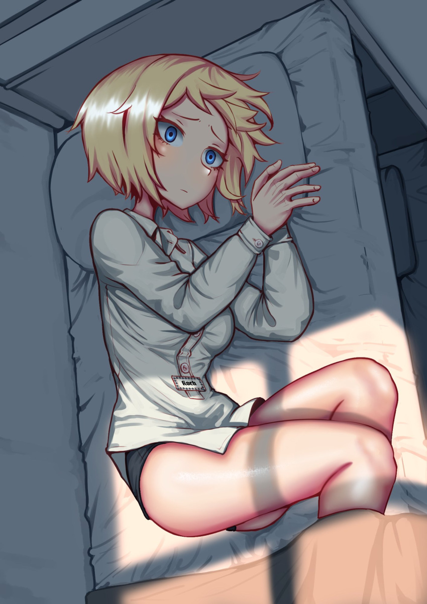 1girl bed blanket blonde_hair blue_eyes bunk_bed erica_(naze1940) highres leyna_koch lying on_side original panties pillow shirt short_hair solo underwear