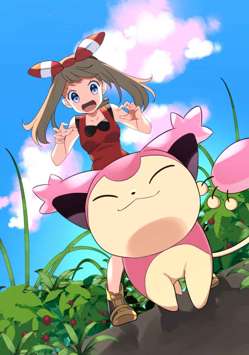 1girl absurdres blue_eyes blue_sky blush bow bow_hairband breasts brown_hair clouds collarbone day dutch_angle from_below gen_3_pokemon hair_bow hairband highres long_hair may_(pokemon) medium_breasts open_mouth outdoors pokemon pokemon_(creature) pokemon_(game) pokemon_oras red_hairband red_shirt shirt skitty sky sleeveless sleeveless_shirt solo standing striped striped_bow twintails v-shaped_eyebrows yuihico