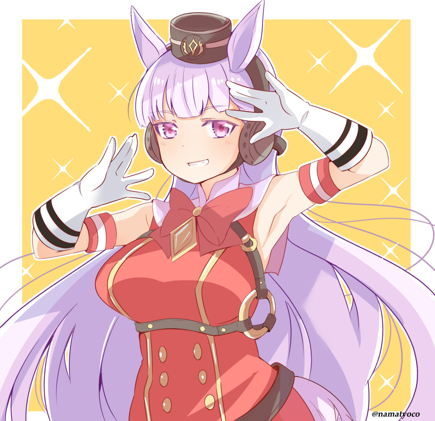 1girl animal_ears armband bangs blunt_bangs border bow bowtie commentary dress eyebrows_visible_through_hair gloves gold_ship_(umamusume) grin headgear high_collar highres horse_ears horse_girl horse_tail long_hair looking_at_viewer namatyoco outside_border pillbox_hat pose red_bow red_dress red_neckwear short_dress silver_hair smile solo standing tail twitter_username umamusume upper_body violet_eyes white_border white_gloves yellow_background