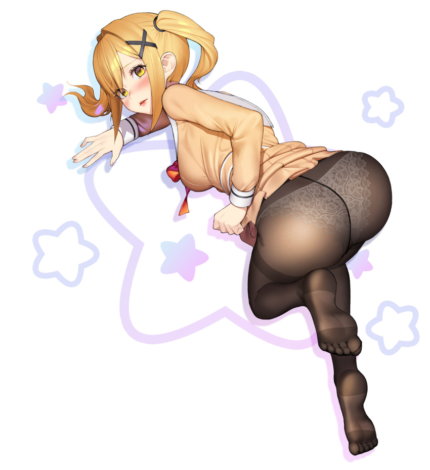 1girl all_fours arm_support ass bang_dream! bangs blonde_hair blush breasts brown_dress brown_legwear clothes_lift commentary commission crotch_seam dress dress_lift drop_shadow eyebrows_visible_through_hair feet_up fingernails from_above from_behind full_body hair_ornament hair_tie hanasakigawa_school_uniform hand_up highres ichigaya_arisa lace lace_panties lifted_by_self long_hair long_sleeves looking_at_viewer looking_back medium_breasts migu_(iws2525) neck_ribbon no_shoes nose_blush panties panties_under_pantyhose pantyhose parted_lips pleated_dress raised_eyebrows red_neckwear red_ribbon ribbon sailor_collar sailor_dress school_uniform shiny shiny_hair soles solo star_(symbol) starry_background thighband_pantyhose toes twintails underwear white_background white_panties white_sailor_collar x_hair_ornament yellow_eyes