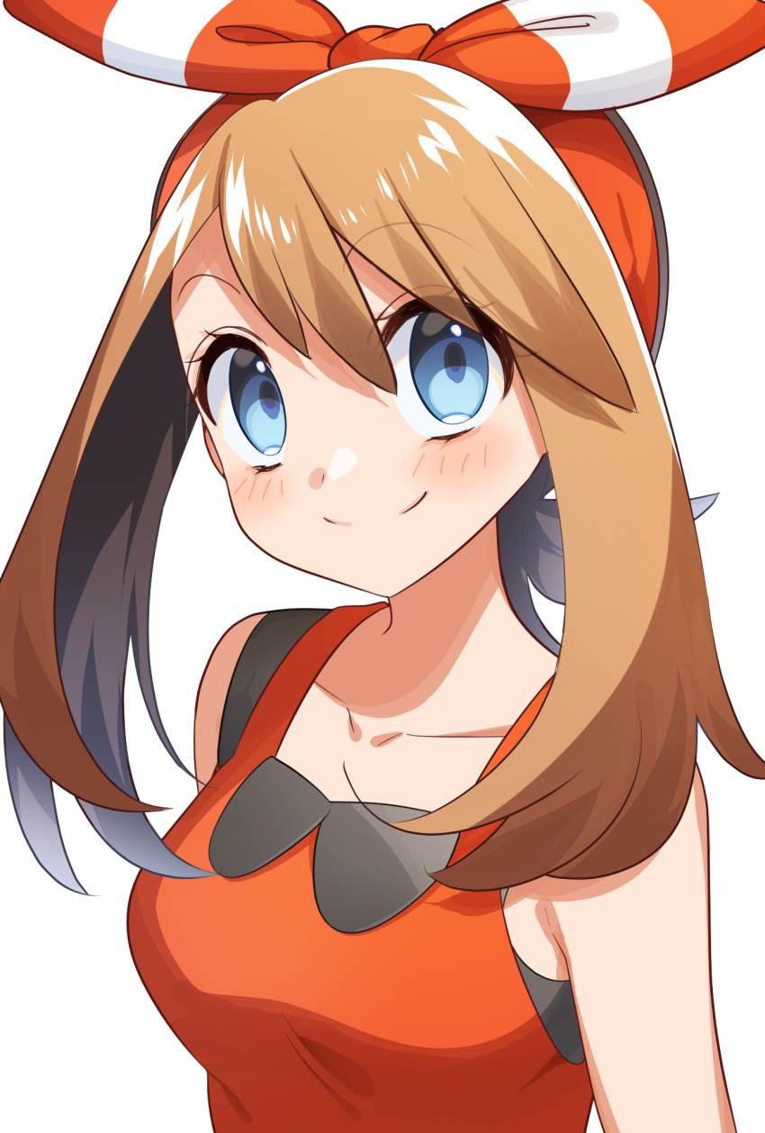 1girl bangs blue_eyes blush bow bow_hairband breasts brown_hair closed_mouth collarbone eyebrows_visible_through_hair hair_between_eyes hair_bow hairband highres long_hair looking_at_viewer may_(pokemon) medium_breasts pokemon pokemon_(game) pokemon_oras red_hairband red_shirt shiny shiny_hair shirt simple_background sleeveless sleeveless_shirt smile solo striped striped_bow twintails upper_body white_background yuihico