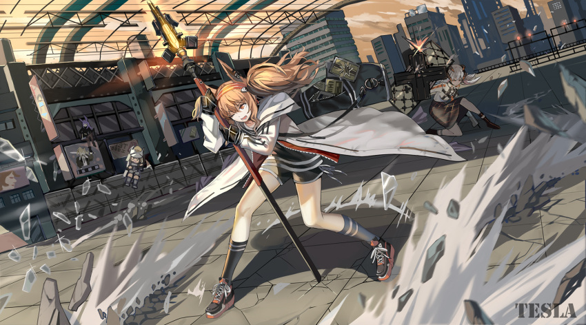 &gt;_&lt; 4girls angelina_(arknights) animal_ears arknights artist_name axe bag bare_legs black_footwear black_gloves black_jacket black_shirt black_shorts brown_hair city closed_mouth commentary_request dragon_horns eyebrows_visible_through_hair floating fox_ears full_body gloves gun hairband helmet highres holding holding_axe holding_gun holding_shield holding_staff holding_weapon horns jacket kneehighs long_hair long_sleeves multiple_girls one_eye_closed open_mouth outdoors purple_hair qihai_lunpo rabbit_ears red_eyes red_hairband red_jacket rope_(arknights) saria_(arknights) shaw_(arknights) shield shirt shoes shorts shoulder_bag siege_(arknights) silver_hair smoke sneakers sparkle staff striped striped_hairband twintails weapon white_background white_headwear white_jacket white_shirt