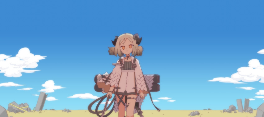 1girl :o arknights blonde_hair blue_sky clouds commentary demon_girl demon_horns demon_tail feet_out_of_frame flamethrower holding horns ifrit_(arknights) looking_at_viewer orange_eyes oripathy_lesion_(arknights) pendant_choker ramune_(ramu33) rock ruins shirt short_hair short_twintails sky solo standing tail twintails weapon white_shirt