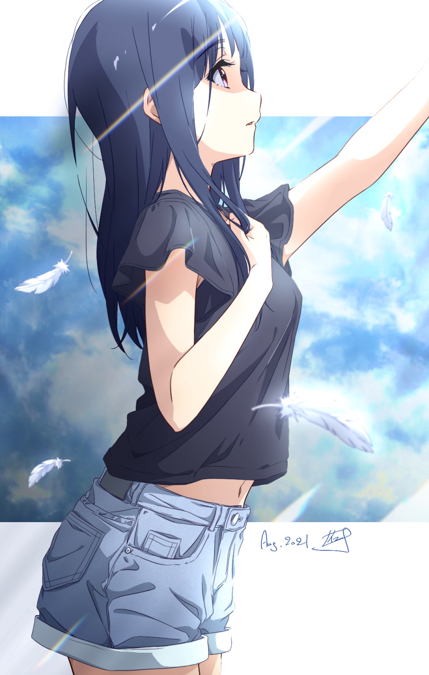 1girl bangs black_hair black_shirt breasts casual commentary_request cowboy_shot dated denim denim_shorts feathers from_side hand_on_own_chest hibike!_euphonium highres liz_to_aoi_tori long_hair looking_up midriff_peek navel nii_manabu parted_lips profile reaching_out shirt shorts signature straight_hair t-shirt yoroizuka_mizore