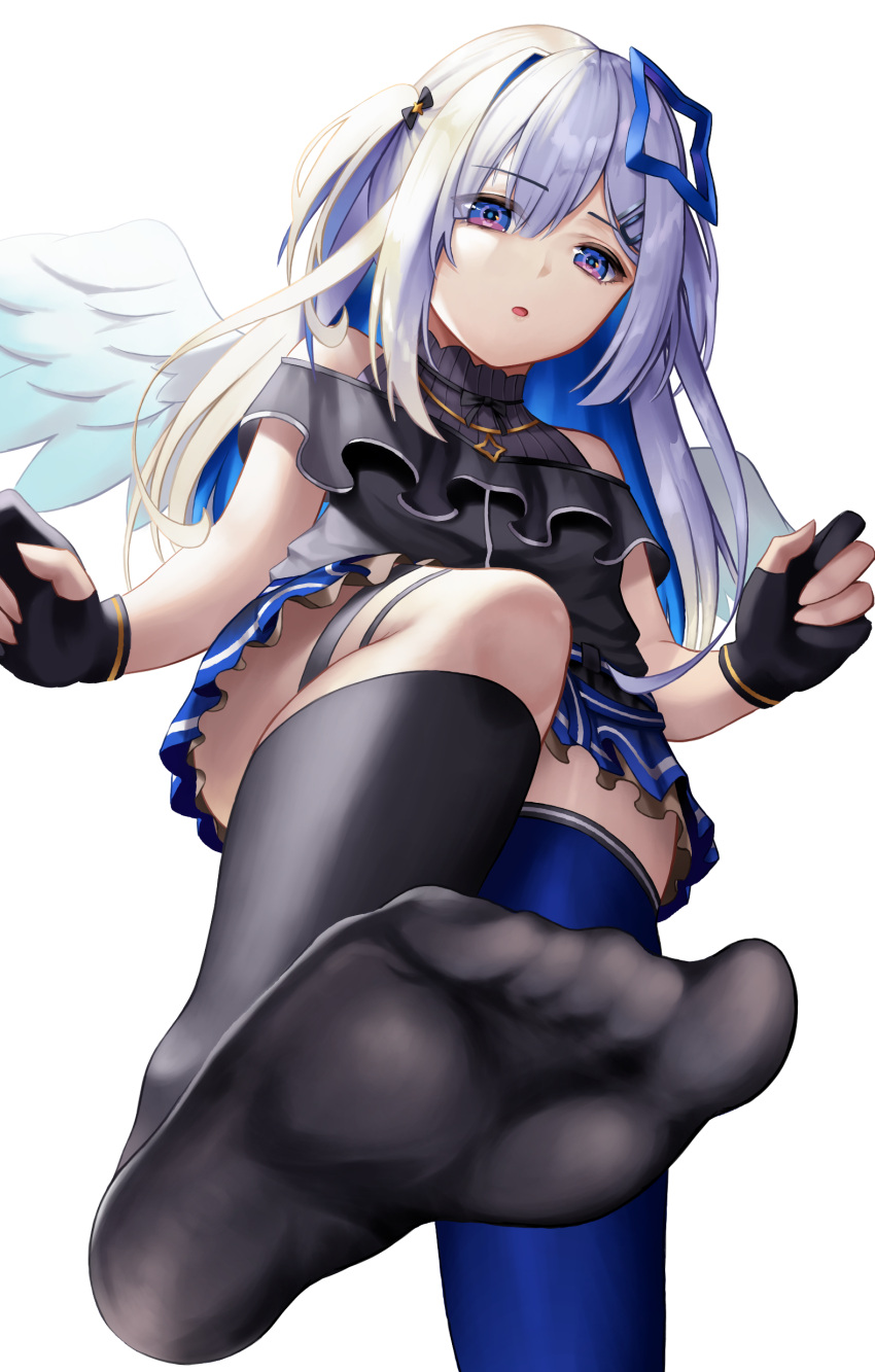 1girl absurdres amane_kanata angel_wings asymmetrical_legwear black_legwear blue_hair blue_legwear colored_inner_hair eyebrows_visible_through_hair feet fingerless_gloves frills from_below gloves highres hololive jewelry long_hair miniskirt multicolored_hair necklace no_shoes open_mouth roina_(effj7473) silver_hair simple_background single_thighhigh skirt socks soles solo thigh-highs two_side_up violet_eyes virtual_youtuber white_background wings