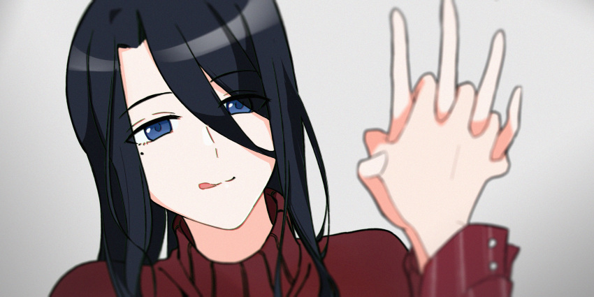 1girl 1other absurdres black_hair blue_eyes character_request closed_mouth eyebrows_visible_through_hair eyes_visible_through_hair film_grain gradient gradient_background highres holding holding_hands licking_lips long_hair majo_no_tabitabi mole mole_under_eye pov solo tokyo_bay_seal tongue tongue_out turtleneck upper_body yuri