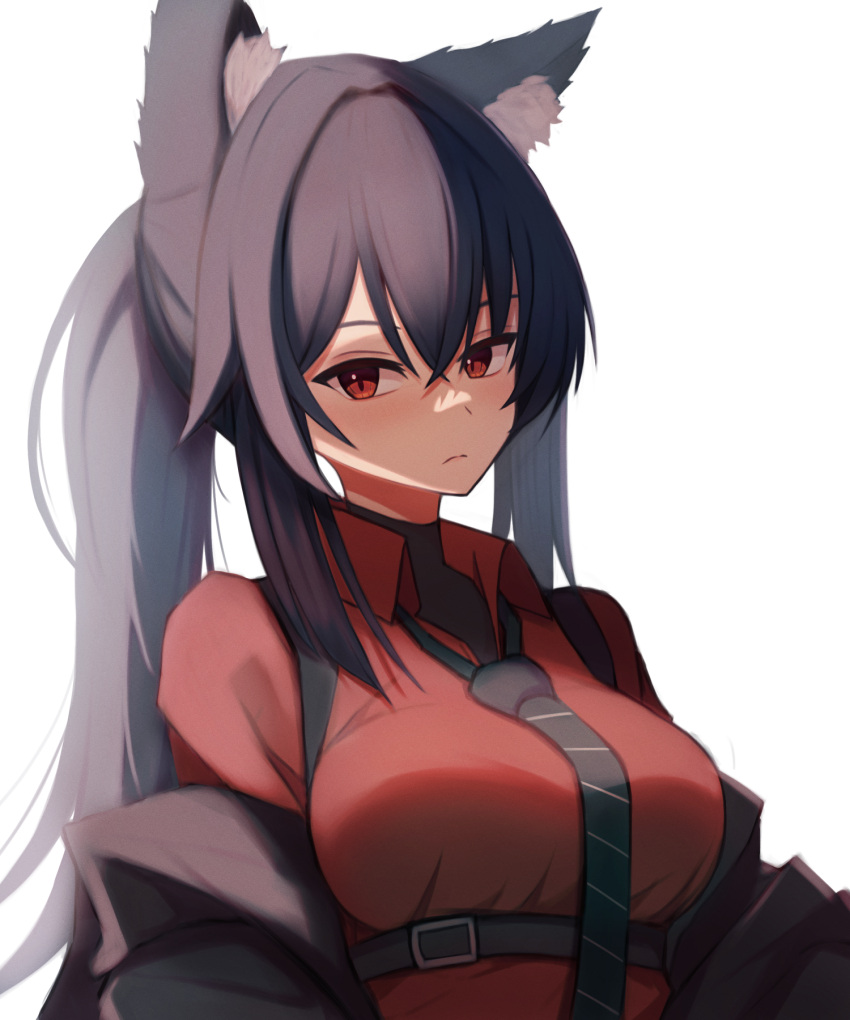 1girl animal_ear_fluff animal_ears arknights bangs black_hair black_jacket black_neckwear breasts brown_eyes closed_mouth commentary_request green_jacket hair_between_eyes highres jacket long_hair medium_breasts necktie off_shoulder official_alternate_costume open_clothes open_jacket partial_commentary red_shirt sanukiske shirt solo texas_(arknights) texas_(willpower)_(arknights) upper_body white_background wolf_ears