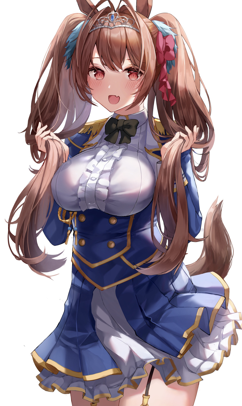 1girl :d absurdres aiguillette animal_ears antenna_hair black_bow black_neckwear blue_coat blue_skirt blush bow bowtie breasts brown_hair coat collared_shirt commentary cowboy_shot daiwa_scarlet_(umamusume) epaulettes fang frilled_shirt frilled_skirt frills garter_straps hair_bow highres holding holding_hair horse_ears horse_tail large_breasts layered_skirt long_hair looking_at_viewer open_mouth pleated_skirt red_bow red_eyes shiranui_(nisioisin_sinob) shirt simple_background skin_fang skirt smile solo tail tiara twintails umamusume white_background white_shirt white_skirt wing_collar