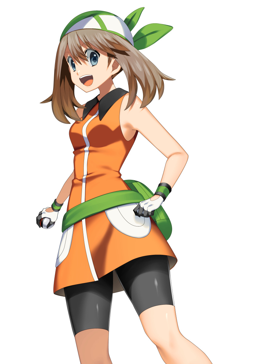 1girl :d absurdres bangs bike_shorts black_shorts blue_eyes brown_hair dress eyebrows_visible_through_hair gloves green_bandana hair_between_eyes highres holding holding_poke_ball long_hair may_(pokemon) open_mouth orange_dress poke_ball pokemon pokemon_(game) pokemon_rse shiny shiny_hair short_dress short_shorts shorts shorts_under_dress simple_background sleeveless sleeveless_dress smile solo standing twintails white_background wristband yuihico