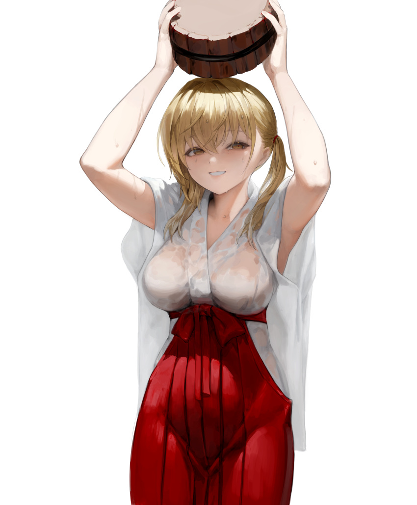 1girl absurdres blonde_hair breasts brown_eyes bucket egk513 hakama highres hip_vent holding holding_bucket japanese_clothes kimono medium_breasts miko original red_hakama smile twintails wet wet_clothes white_kimono wide_sleeves wooden_bucket