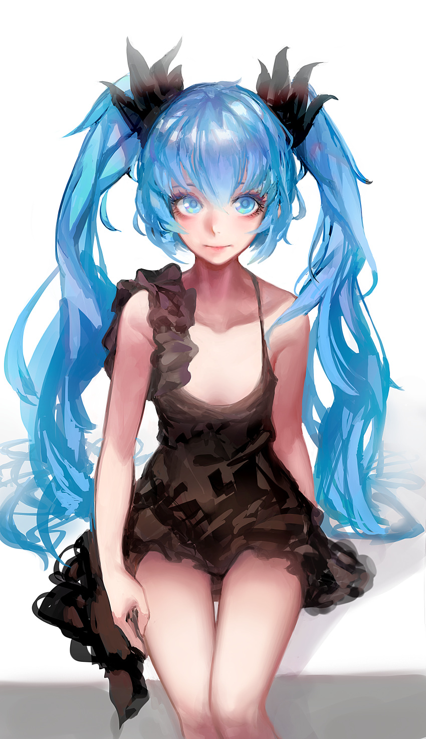 1girl absurdres asymmetrical_sleeves black_bow black_dress blue_eyes blue_hair bow closed_mouth commentary dress hair_bow hatsune_miku highres huge_filesize legs_together long_hair looking_at_viewer rsef shinkai_shoujo_(vocaloid) short_dress simple_background sitting solo thigh_gap twintails very_long_hair vocaloid white_background