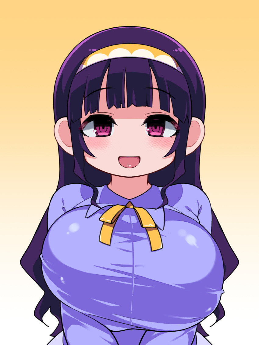 1girl :d bangs blunt_bangs blush breast_squeeze breasts bursting_breasts eyebrows_visible_through_hair gradient gradient_background hairband highres huge_breasts long_hair long_sleeves looking_at_viewer neck_ribbon open_mouth original purple_hair purple_shirt ribbon ringed_eyes shirt smile solo unaligned_breasts upper_body violet_eyes yellow_background yellow_neckwear yellow_ribbon zankuro