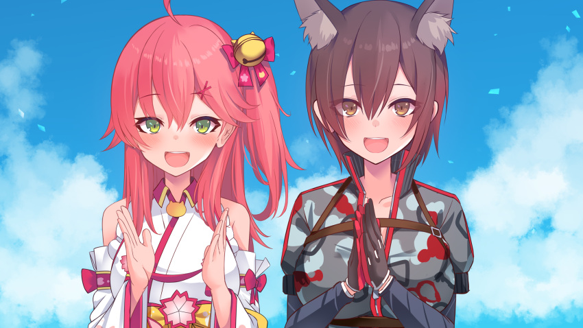 2girls :d ahoge animal_ear_fluff animal_ears bangs bell black_gloves blue_sky blush bow breasts brown_eyes brown_hair clapping clouds cloudy_sky detached_sleeves eyebrows_visible_through_hair gloves green_eyes grey_jacket hair_bell hair_between_eyes hair_bow hair_ornament hairclip hands_together hands_up highres hololive jacket japanese_clothes jingle_bell kimono long_hair long_sleeves looking_at_viewer medium_breasts multiple_girls neon_genesis_evangelion one_side_up open_mouth own_hands_together parody pink_hair red_bow roboco-san sakura_miko sky sleeveless sleeveless_kimono smile upper_body upper_teeth virtual_youtuber white_kimono white_sleeves wide_sleeves x_hair_ornament yoshiheihe