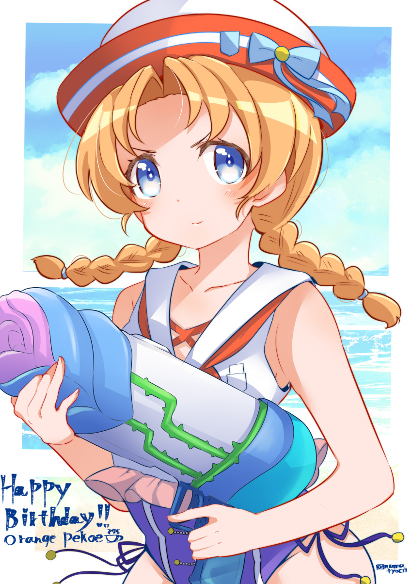 1girl absurdres bangs beach blue_eyes blue_sky blue_swimsuit bow braid character_name commentary dated day dixie_cup_hat english_text girls_und_panzer girls_und_panzer_senshadou_daisakusen! hair_down hair_tie happy_birthday hat hat_bow highres holding horizon looking_at_viewer military_hat namatyoco neckerchief ocean one-piece_swimsuit open_mouth orange_hair orange_pekoe_(girls_und_panzer) outdoors parted_bangs red_neckwear sailor_collar short_hair side-tie_swimsuit sky smile solo standing swimsuit twin_braids twintails twitter_username water_gun white_headwear white_sailor_collar