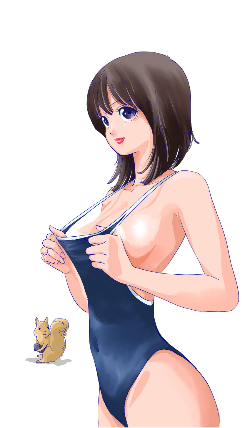 1girl absurdres aruga_teruto black_eyes black_hair blue_swimsuit breasts clothes_pull commentary_request competition_school_swimsuit cowboy_shot highres lips medium_breasts original school_swimsuit short_hair simple_background solo squirrel swimsuit swimsuit_pull white_background
