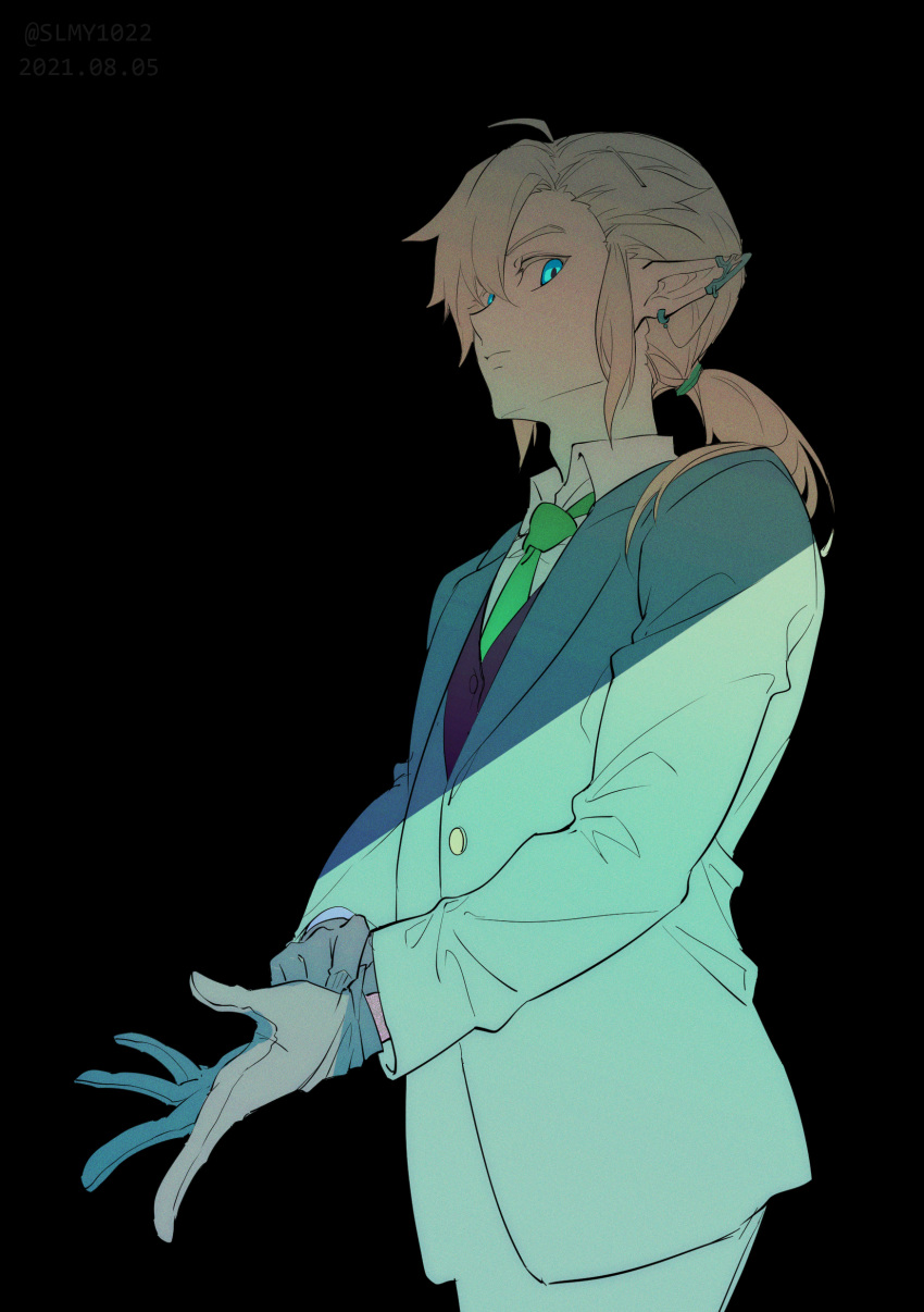 1boy absurdres adjusting_clothes adjusting_gloves alternate_costume bangs black_background black_vest blonde_hair blue_eyes closed_mouth collared_shirt commentary_request dated earrings expressionless formal gloves green_gloves green_jacket green_neckwear green_pants green_suit hair_between_eyes highres jacket jewelry kariki_hajime link long_hair long_sleeves looking_at_viewer male_focus necktie pants pointy_ears ponytail putting_on_gloves shadow shirt sideways_glance simple_background solo standing suit the_legend_of_zelda twitter_username vest watermark white_shirt