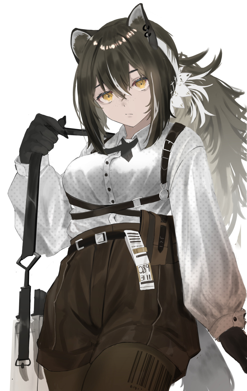 1girl absurdres animal_ears animal_hands arknights bags_under_eyes barcode black_shorts brown_hair closed_mouth collared_shirt cowboy_shot expressionless freckles highres holding_strap long_hair long_sleeves okayannosuke pantyhose paws polka_dot polka_dot_shirt ponytail raccoon_ears raccoon_girl raccoon_tail robin_(arknights) shirt shorts solo standing tail white_background white_shirt yellow_eyes