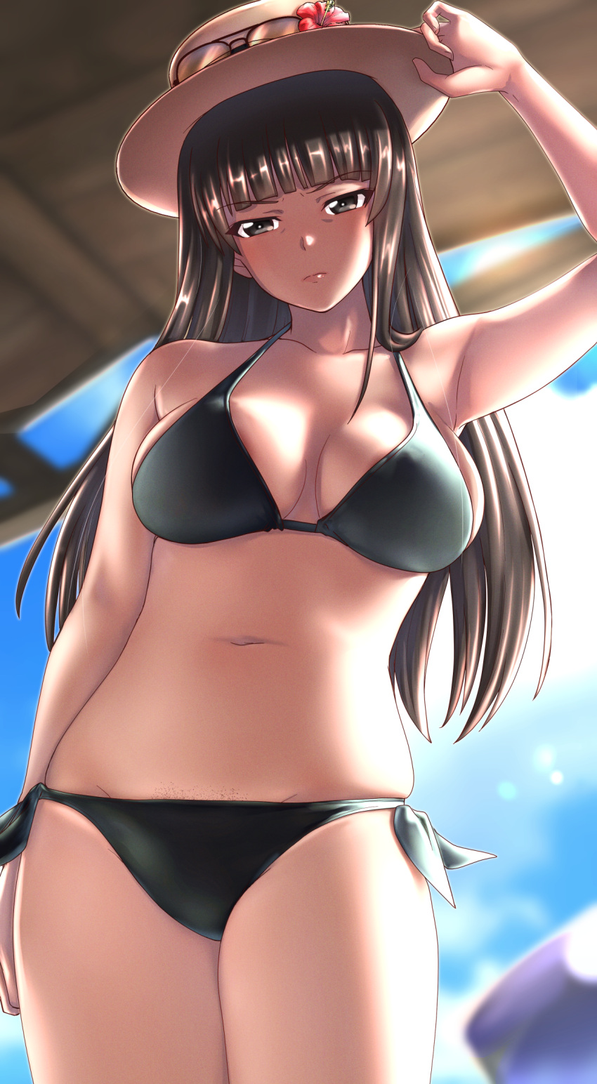 1girl adjusting_clothes adjusting_headwear bangs bikini black_bikini black_eyes black_hair blue_sky blunt_bangs blurry blurry_background boater_hat breasts brown_headwear closed_mouth commentary_request cowboy_shot day depth_of_field eyebrows_visible_through_hair eyewear_on_headwear flower frown girls_und_panzer girls_und_panzer_senshadou_daisakusen! glaring groin halterneck hibiscus highres kobamiso_(kobalt) large_breasts long_hair looking_at_viewer navel nishizumi_shiho outdoors partial_commentary side-tie_bikini skindentation sky solo standing straight_hair swimsuit