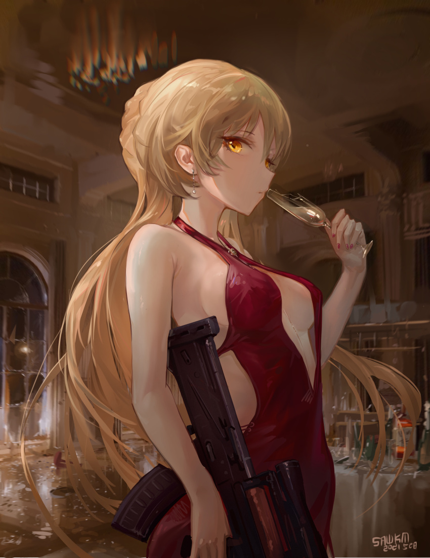 1girl 2021 absurdres artist_name blonde_hair braid breasts breasts_apart broken_glass bullpup champagne_bottle champagne_flute cup dated dress drinking drinking_glass english_commentary french_braid from_side girls_frontline glass gun highres long_hair looking_at_viewer medium_breasts nail_polish necktie ots-14 ots-14_(girls_frontline) red_dress red_nails rifle sawkm scope side_slit sideboob solo weapon yellow_eyes