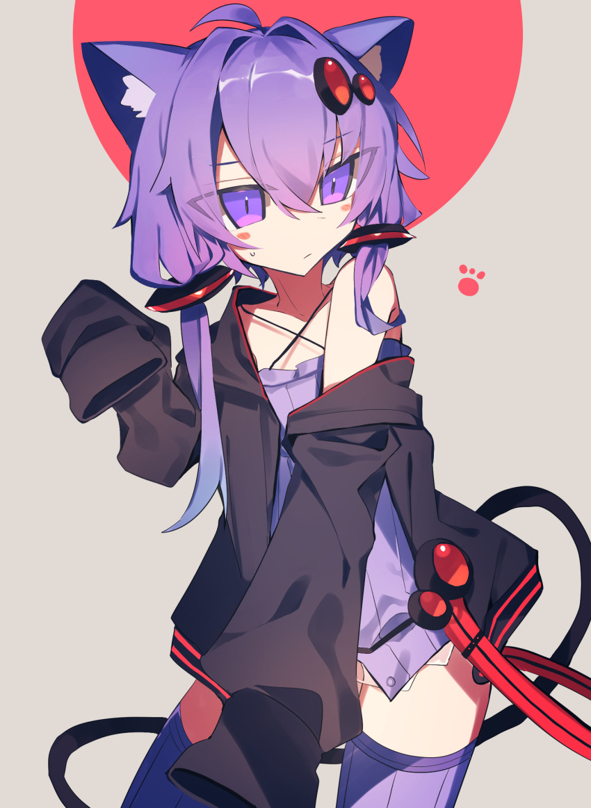 1girl ahoge animal_ears bare_shoulders belt black_jacket blush_stickers cat_ears commentary contrapposto cowboy_shot criss-cross_halter dress grey_background hair_ornament hair_tubes halterneck highres hip_gear jacket kemonomimi_mode meto_(metrin) open_clothes open_jacket paw_print purple_dress purple_hair purple_legwear short_hair_with_long_locks sleeveless sleeveless_dress sleeves_past_fingers sleeves_past_wrists solo sweat symbol-only_commentary thigh-highs violet_eyes vocaloid voiceroid yuzuki_yukari