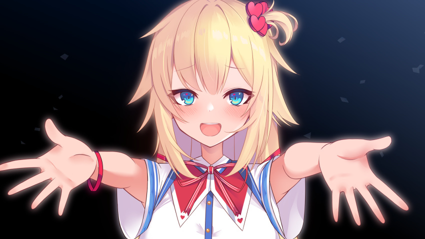 1girl :d akai_haato bangs blonde_hair blue_eyes blush breasts eyebrows_visible_through_hair hair_ornament heart heart_hair_ornament heart_in_eye highres hololive long_hair looking_at_viewer medium_breasts one_side_up open_mouth outstretched_arms red_ribbon ribbon shirt short_sleeves smile solo striped striped_ribbon symbol_in_eye upper_body virtual_youtuber white_shirt wide_sleeves yoshiheihe