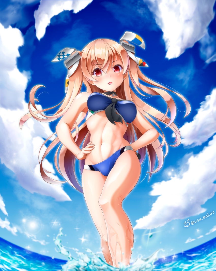 1girl abs beach bikini black_gloves blue_bikini blush breasts brown_eyes clouds gloves hair_ornament hands_on_hips highres johnston_(kancolle) kantai_collection light_brown_hair long_hair looking_at_viewer mahiro_usagi medium_breasts multicolored multicolored_bikini multicolored_clothes navel ocean single_glove sky smile stomach swimsuit thighs tongue tongue_out twitter_username two_side_up