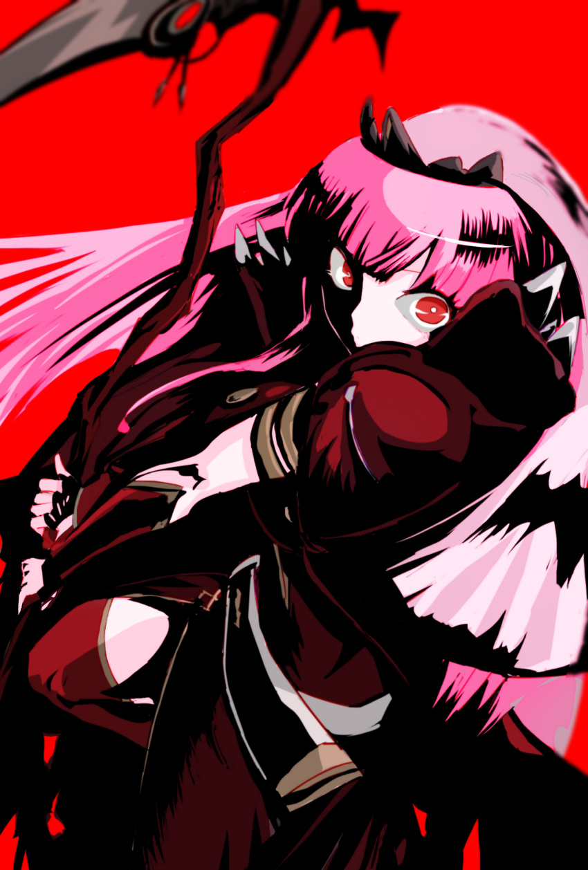 1girl bangs blunt_bangs cloak highres holding holding_scythe holding_weapon hololive hololive_english long_hair mori_calliope not_nodu pink_hair red_bag red_cloak red_eyes red_legwear scythe see-through shaded_face simple_background solo spikes thigh-highs tiara torn_cloak torn_clothes veil virtual_youtuber weapon