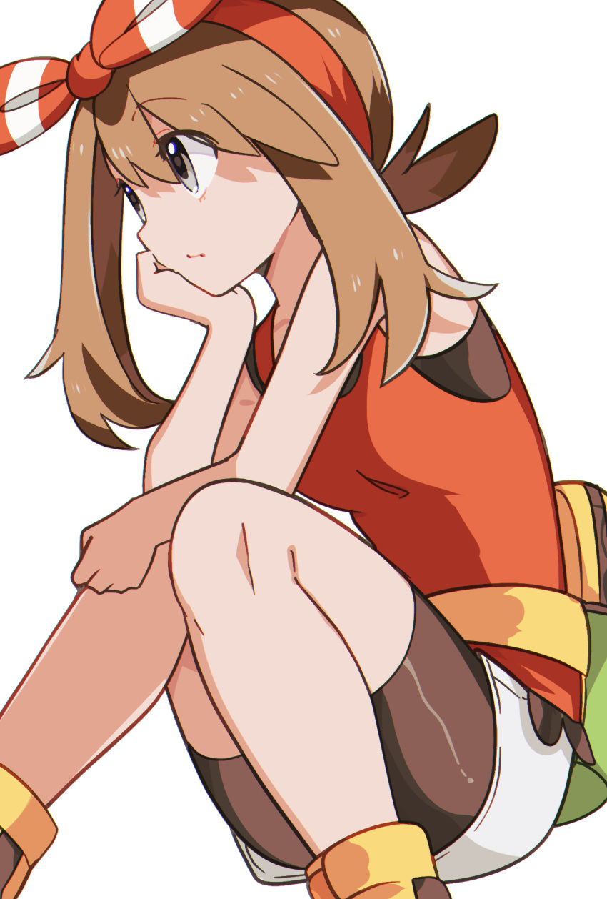 1girl bangs bike_shorts black_shorts bow bow_hairband brown_hair closed_mouth eyebrows_visible_through_hair grey_eyes hair_between_eyes hair_bow hairband head_rest highres long_hair may_(pokemon) pokemon pokemon_(game) pokemon_oras red_hairband red_shirt shiny shiny_clothes shiny_hair shirt short_shorts shorts shorts_under_shorts simple_background sitting sketch sleeveless sleeveless_shirt solo striped striped_bow twintails white_background white_shorts yuihico