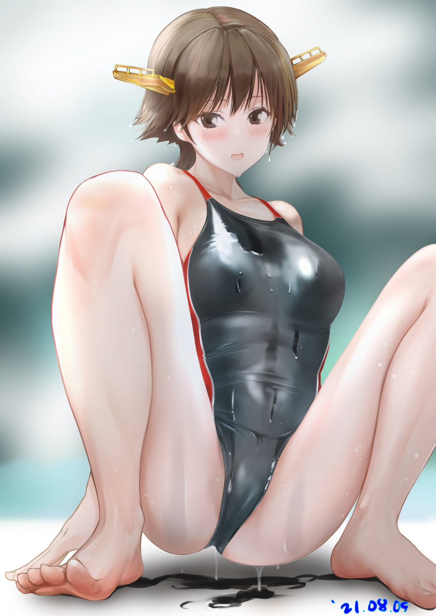1girl absurdres bangs barefoot black_swimsuit blush breasts brown_eyes brown_hair dated feet headgear hiei_(kancolle) highres kantai_collection looking_at_viewer medium_breasts one-piece_swimsuit open_mouth ototoi_koi short_hair simple_background solo squatting swimsuit wet wet_clothes wet_swimsuit