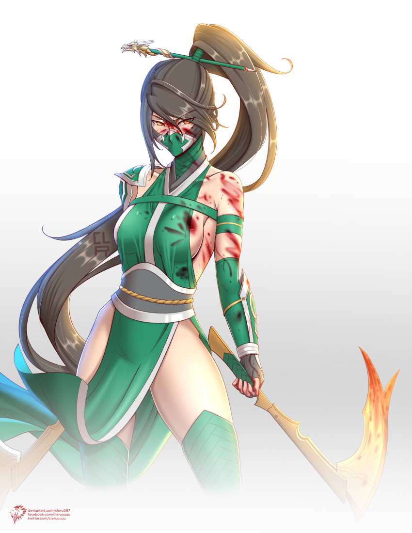 1girl akali akali_(legacy) armor artist_name bangs black_hair blood blood_on_clothes blood_on_face blood_on_hands blood_on_weapon blood_splatter blood_stain boots bracer breasts brown_eyes cleru_(cleruuuuu) eyebrows_visible_through_hair fingerless_gloves gloves hair_between_eyes hair_ornament hair_stick high_ponytail highres holding holding_scythe holding_weapon kama_(weapon) league_of_legends long_hair mask medium_breasts ninja ninja_mask pelvic_curtain rope_belt scythe shoulder_armor sickle sideboob single_bare_shoulder solo thigh-highs thigh_boots v-shaped_eyebrows vambraces very_long_hair weapon