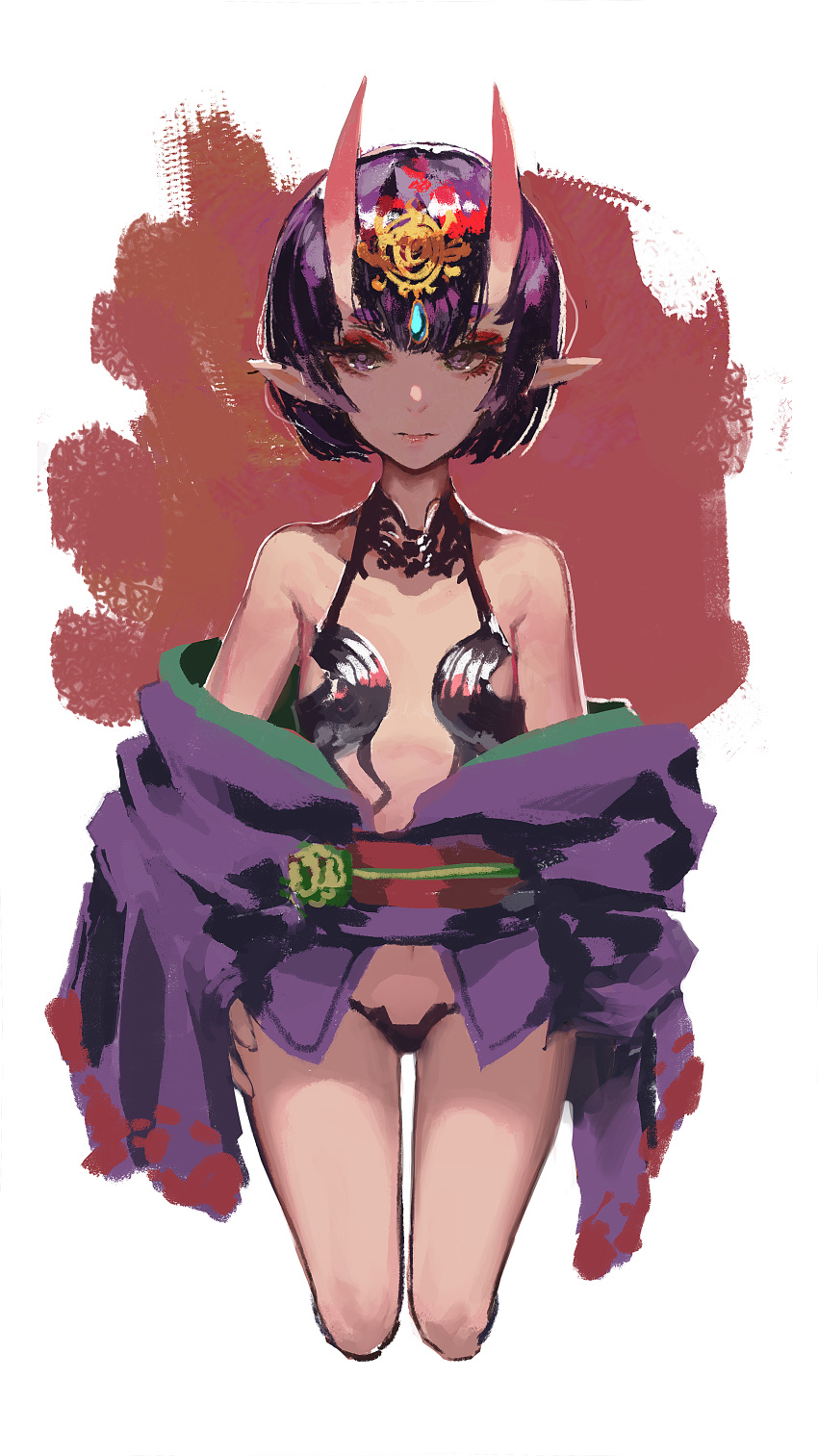 1girl absurdres bare_shoulders closed_mouth cowboy_shot cropped_legs eyeshadow fate/grand_order fate_(series) headpiece highres horns huge_filesize japanese_clothes kimono looking_at_viewer makeup obi oni_horns pointy_ears purple_hair purple_kimono red_sash revealing_clothes rsef sash short_hair shuten_douji_(fate) skin-covered_horns solo standing violet_eyes