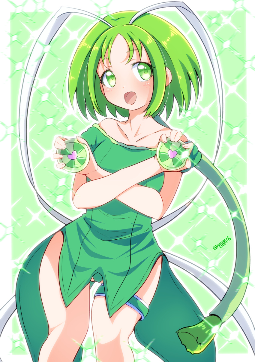 1girl :d absurdres border commentary crossed_wrists dress green_background green_eyes green_hair green_leotard heart highres holding leotard long_hair looking_at_viewer magical_girl mew_lettuce midorikawa_lettuce namatyoco off-shoulder_dress off_shoulder open_mouth outside_border short_dress short_hair smile solo sparkle standing thigh_strap tokyo_mew_mew twitter_username white_border