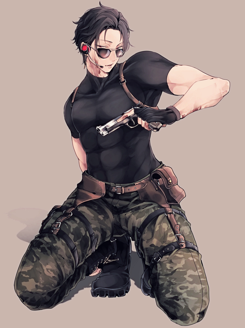 1boy abs absurdres belt black_hair black_shirt boots covered_abs fingerless_gloves full_body glasses gloves gun highres large_pectorals looking_at_viewer male_focus military military_uniform muscular muscular_male original pectorals red_eyes shadow shirt short_hair short_sleeves simple_background solo squatting tight tight_shirt uniform weapon zabeo0125