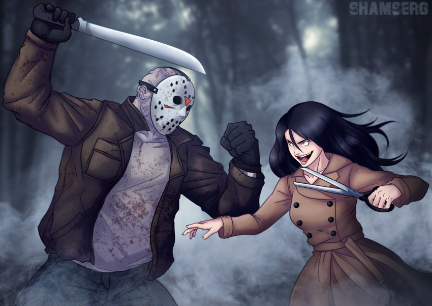 1boy 1girl battle black_hair blood breasts commission crossover fighting friday_the_13th glasgow_smile gloves hockey_mask holding holding_scissors holding_weapon jacket jason_voorhees kuchisake-onna long_hair machete mask open_mouth original red_eyes scissors shamserg shirt skirt smile trench_coat urban_legend weapon youkai