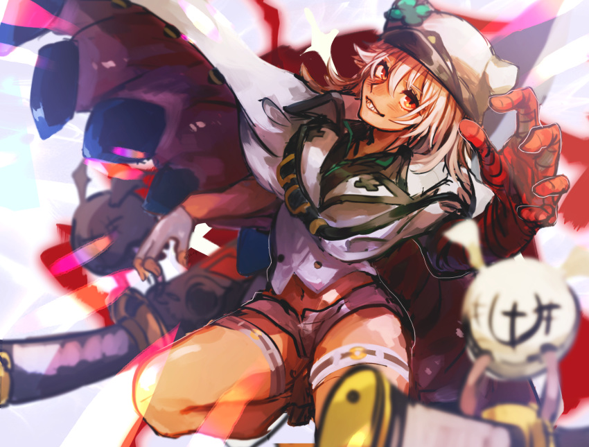 1girl bandaged_arm bandages blonde_hair clover dark-skinned_female dark_skin four-leaf_clover guilty_gear guilty_gear_strive hat highres looking_at_viewer lucifero orange_eyes ramlethal_valentine shorts smile thigh_strap white_headwear