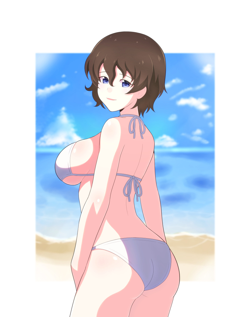 1girl absurdres akaboshi_koume ass back beach bikini blue_eyes blue_sky blurry blurry_background breasts brown_hair clouds cloudy_sky commentary cowboy_shot day from_behind girls_und_panzer halterneck highres horizon iteza_(flapper_girl_25) looking_at_viewer looking_back medium_breasts ocean outdoors outside_border parted_lips short_hair sideboob sky smile solo standing swimsuit wavy_hair white_bikini