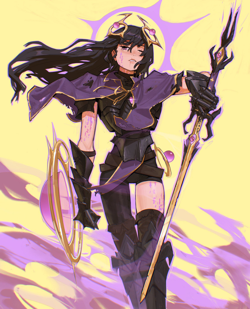 1girl armor black_hair bleeding blood breastplate brown_legwear capelet copyright_request edpan floating_hair gauntlets hair_between_eyes hair_ornament halo hand_up highres holding holding_shield holding_sword holding_weapon long_hair looking_at_viewer metal_boots one_eye_closed parted_lips purple_blood purple_capelet shield single_leg_pantyhose solo standing sword thigh-highs weapon