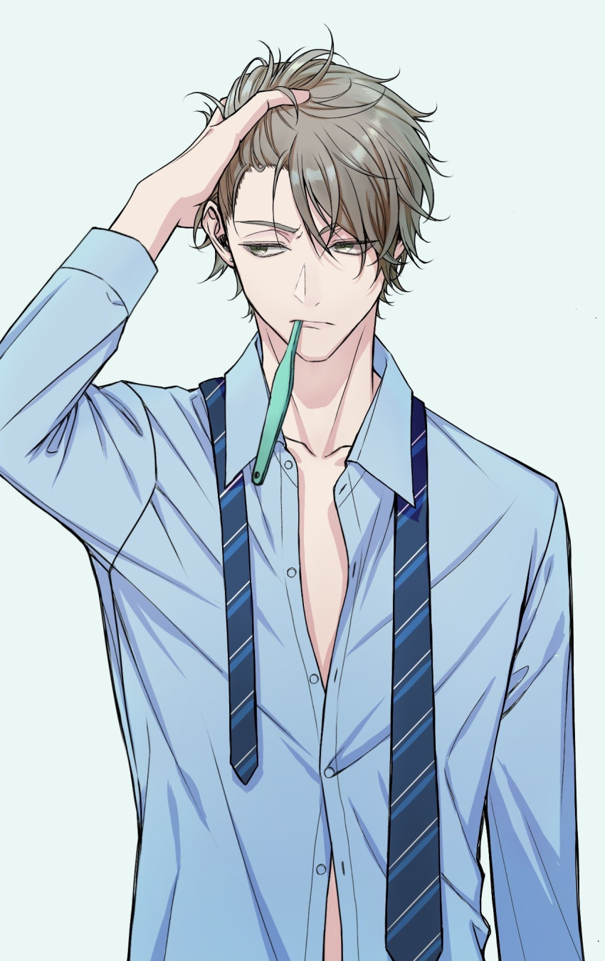 1boy blue_background blue_neckwear blue_shirt brown_hair closed_mouth collarbone collared_shirt commentary_request dress_shirt earrings facing_viewer frown fujishiro_(sgas) hand_on_own_head hand_up highres jewelry long_sleeves male_focus necktie original partially_unbuttoned shirt short_hair sideways_glance simple_background solo striped striped_neckwear stud_earrings toothbrush toothbrush_in_mouth undone_necktie upper_body very_short_hair