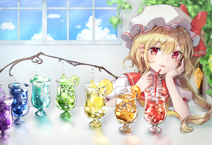 1girl adapted_costume arm_support bangs blonde_hair blush collarbone crystal drink eyebrows_visible_through_hair flandre_scarlet food fruit hand_on_own_cheek hand_on_own_face hat head_rest indoors ivy kiwi_slice lemon lemon_slice looking_at_viewer mob_cap one_side_up orange_(food) parted_lips puffy_short_sleeves puffy_sleeves rainbow_order red_eyes sailor_collar shiny shiny_hair shironeko_yuuki short_hair_with_long_locks short_sleeves sidelocks slit_pupils smile solo strawberry touhou window wings yellow_neckwear