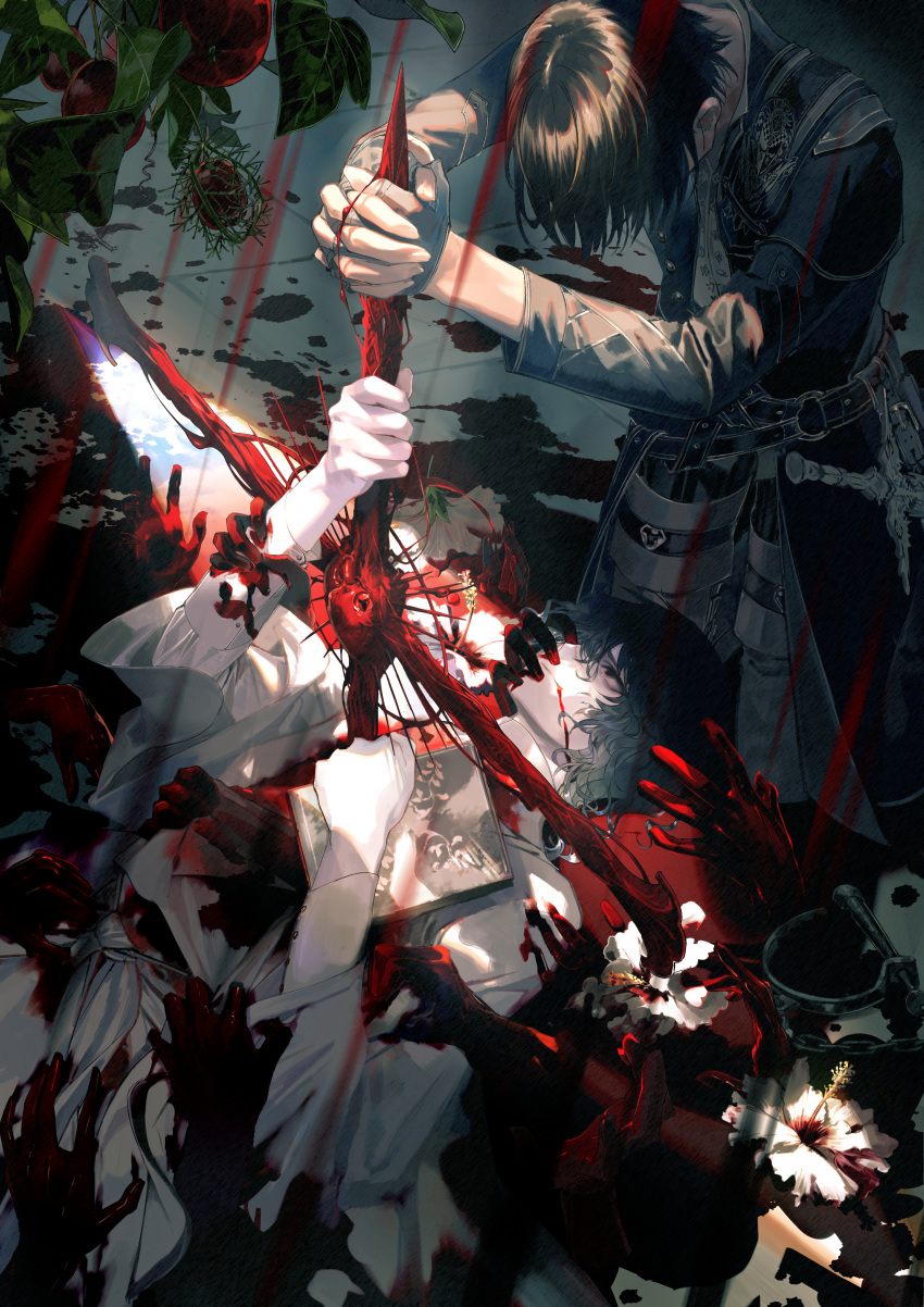 2boys absurdres aikawa_kanami arm_up arms_up bangs belt black_coat black_eyes black_hair black_legwear blood blood_on_clothes blood_on_face blood_splatter blood_sword book chain character_request closed_mouth coat disembodied_limb facing_another feet_out_of_frame fingerless_gloves flower food fruit gloves grey_gloves hair_between_eyes head_down highres holding holding_book holding_sword holding_weapon interlocked_fingers isekai_meikyuu_no_saishinbu_wo_mezasou kneeling leaf long_sleeves looking_at_another lying messy_hair multiple_boys on_back own_hands_clasped own_hands_together scar scar_on_face shirt short_hair stab sword ukai_saki upper_body weapon white_flower white_robe white_shirt