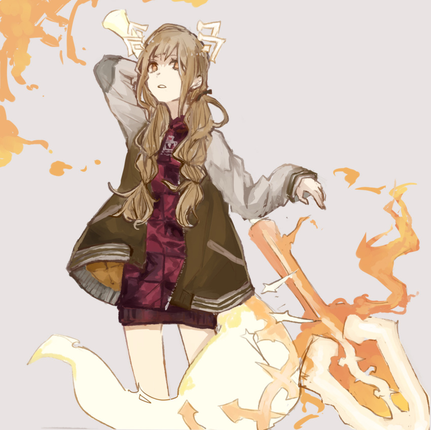 1girl animal_ears bangs blonde_hair fake_animal_ears fake_tail flaming_weapon grey_background hair_between_eyes hair_ribbon highres holding holding_polearm holding_spear holding_weapon jacket kageaki_(keikuroe) letterman_jacket little_red_riding_hood_(sinoalice) long_hair long_sleeves looking_at_viewer open_mouth polearm reality_arc_(sinoalice) red_jacket ribbon simple_background sinoalice solo spear tail teeth weapon yellow_eyes