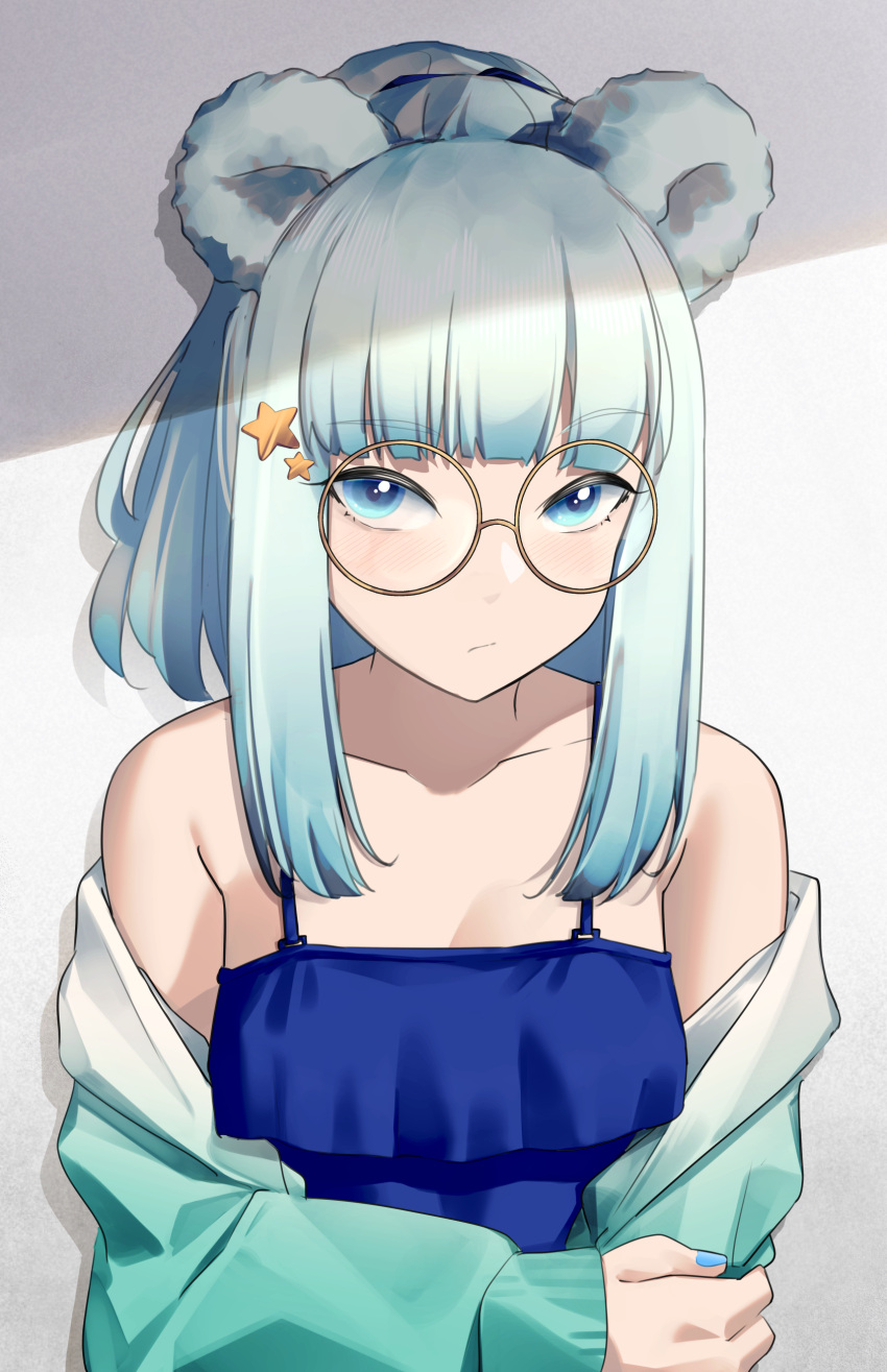 1girl absurdres alternate_costume animal_ears aqua_hair aqua_jacket arknights bangs bare_shoulders bear_ears blue_eyes blue_swimsuit blunt_bangs closed_mouth collarbone eyebrows_visible_through_hair glasses hand_on_own_arm highres istina_(arknights) jacket long_sleeves looking_at_viewer medium_hair off_shoulder open_clothes open_jacket ponytail round_eyewear sidelocks solo swimsuit symbol-only_commentary upper_body wakamepiza yellow-framed_eyewear