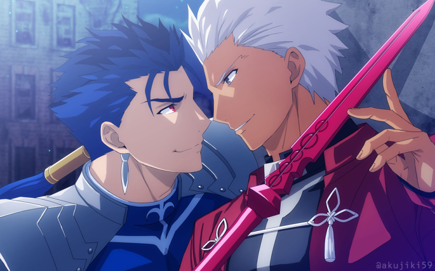 2boys akujiki59 archer_(fate) armor blue_bodysuit blue_hair bodysuit cu_chulainn_(fate) cu_chulainn_(fate/stay_night) dark-skinned_male dark_skin eye_contact fate/stay_night fate_(series) gae_bolg_(fate) holding holding_polearm holding_spear holding_weapon looking_at_another male_focus multiple_boys official_style pauldrons pectorals pointing_weapon polearm ponytail red_eyes short_hair shoulder_armor smile spear spiky_hair toned toned_male wall_slam weapon white_hair