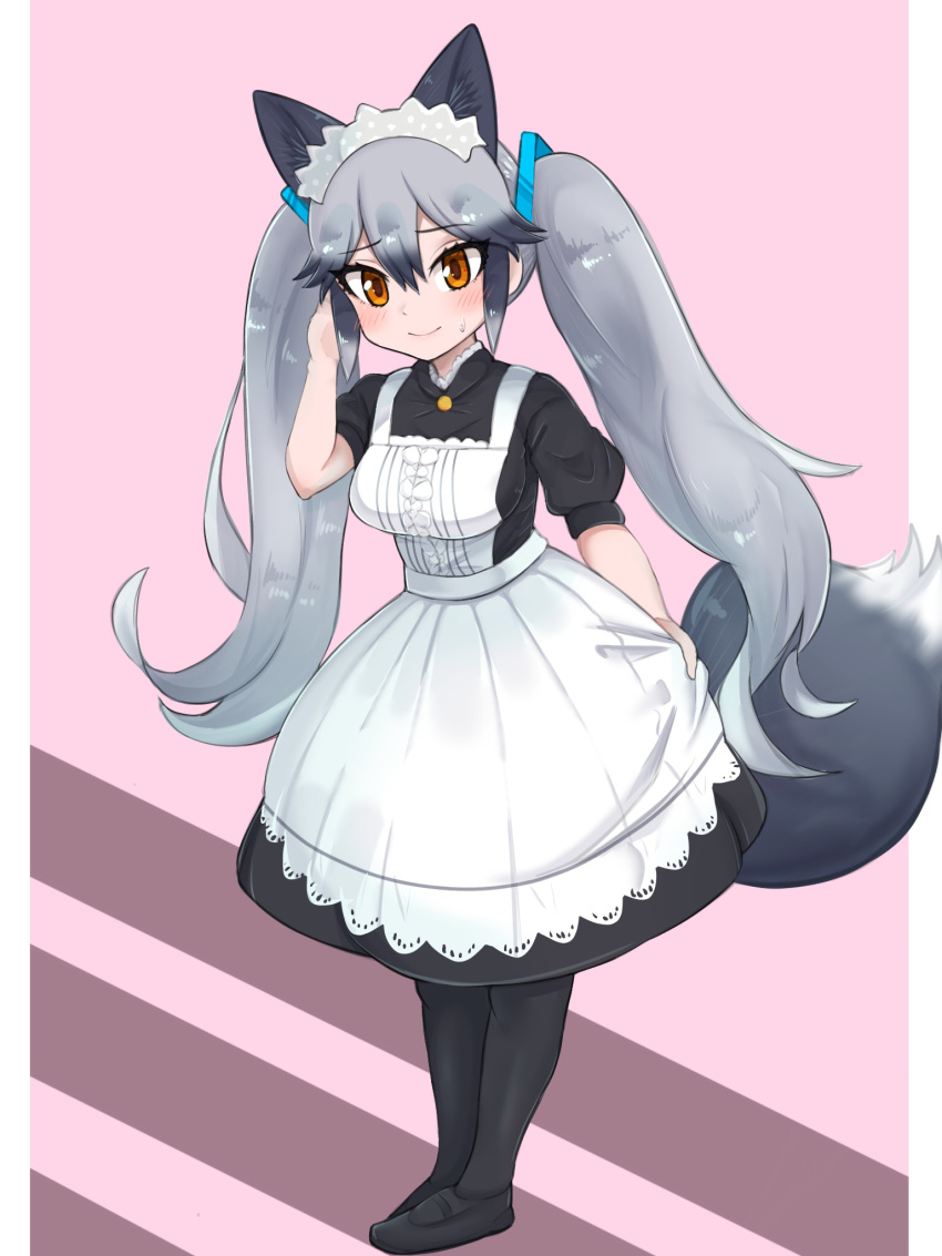1girl alternate_costume animal_ears apron aramaru black_dress black_legwear brown_eyes commentary_request dress enmaided fox_ears fox_tail full_body grey_hair hair_ribbon hand_in_hair highres kemono_friends long_hair looking_at_viewer maid maid_apron maid_headdress medium_dress open_mouth pantyhose pink_background puffy_short_sleeves puffy_sleeves ribbon short_sleeves silver_fox_(kemono_friends) skirt_hold smile solo standing sweatdrop tail twintails very_long_hair