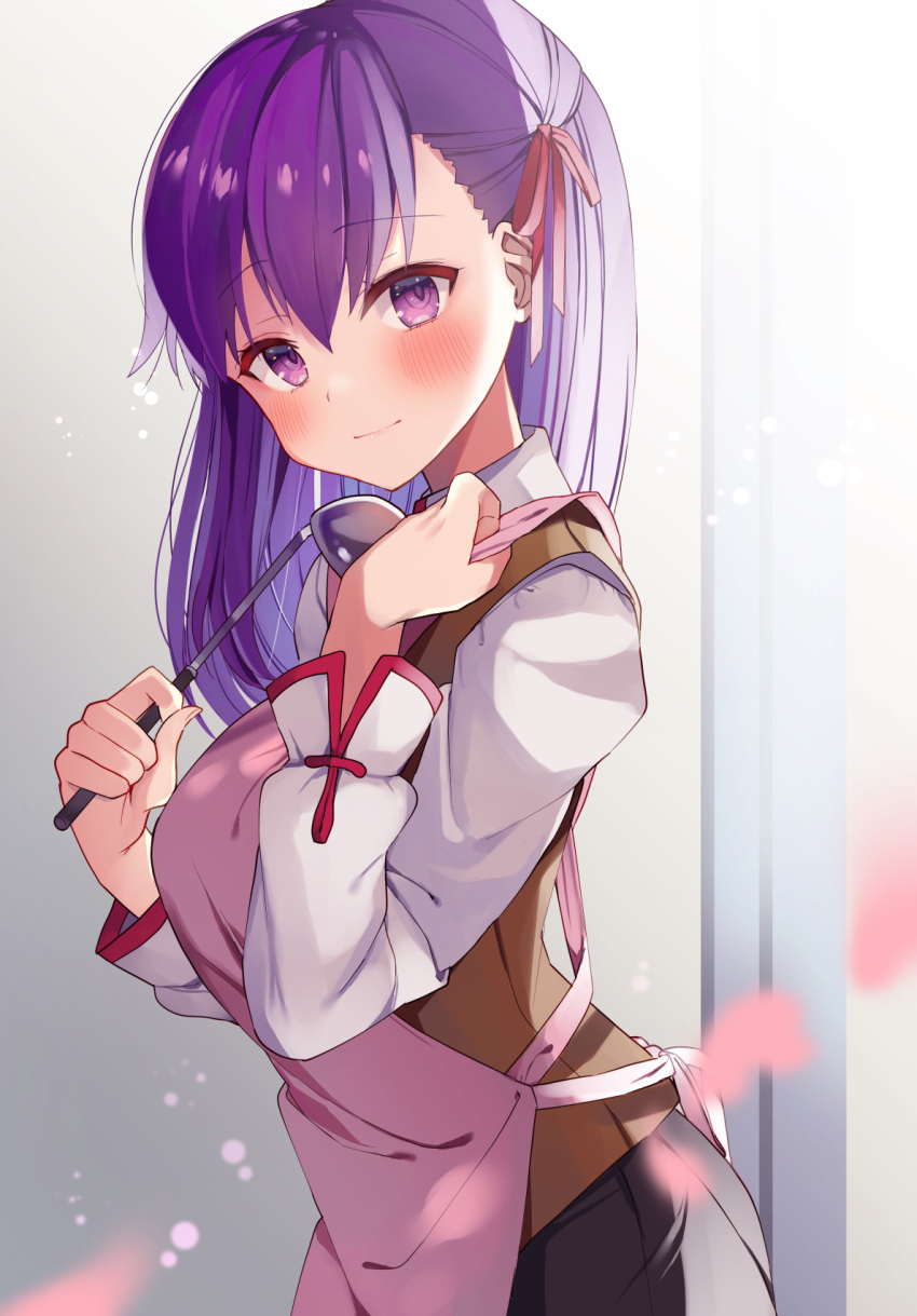 1girl apron bangs beniko_(ymdbnk) black_skirt blush breasts brown_vest closed_mouth collared_shirt commentary_request eyebrows_visible_through_hair fate/stay_night fate_(series) hair_between_eyes hair_ribbon hands_up highres long_hair long_sleeves looking_at_viewer matou_sakura medium_breasts petals pink_apron pleated_skirt purple_hair red_ribbon ribbon shirt skirt smile solo vest violet_eyes white_shirt