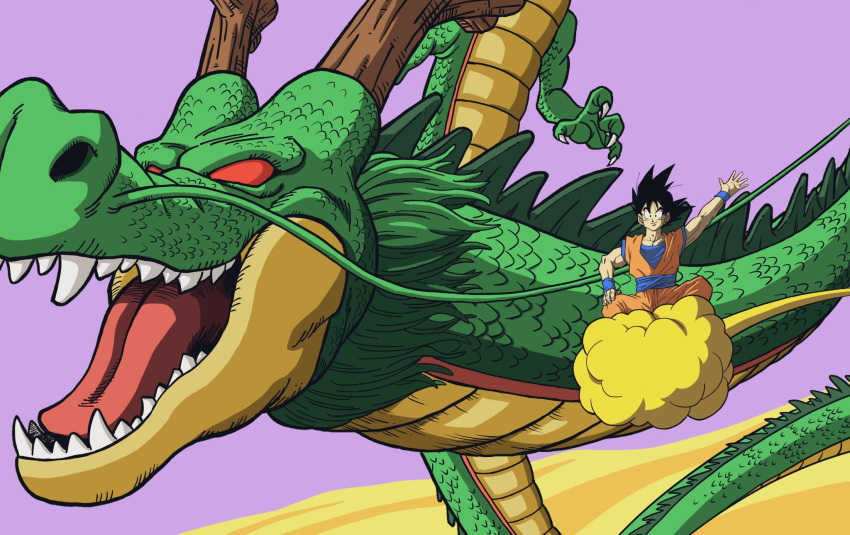 1boy biceps black_eyes black_hair blue_wristband closed_mouth clouds dougi dragon dragon_ball fingernails flying flying_nimbus hand_on_own_knee happy highres horns indian_style lee_(dragon_garou) looking_at_viewer male_focus messy_hair no_pupils orange_pants outstretched_arm pants pectorals purple_sky red_eyes sharp_teeth shenlong_(dragon_ball) sitting size_difference sky smile son_goku teeth tongue waving whiskers wide_shot wristband