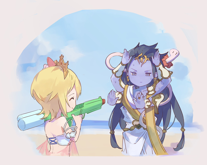 1boy 1girl aiming arms_up beach bikini blonde_hair blue_hair blue_skin blue_sky border bunny_pose chibi closed_eyes clouds colored_skin europa_(granblue_fantasy) extra_arms granblue_fantasy hands_up highres holding holding_water_gun kiriyama2109 lei long_hair ocean outdoors outstretched_arms purple_skin sand shiva_(granblue_fantasy) short_hair sky smile snake swimsuit tiara toga upper_body violet_eyes water_gun white_bikini white_snake white_wristband wristband