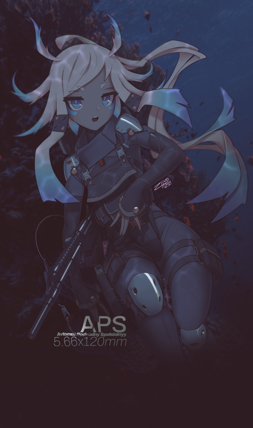 1girl absurdres acronym assault_rifle black_bodysuit blonde_hair blue_eyes bodysuit coral dated facial_mark feet_out_of_frame gradient_hair gun handgun highres holding holding_weapon holster holstered_weapon knee_pads long_hair looking_at_viewer multicolored_hair open_mouth original photo_background pistol rifle short_eyebrows shoulder_pads signature solo teeth thigh_strap underwater very_long_hair weapon weapon_name zhvo
